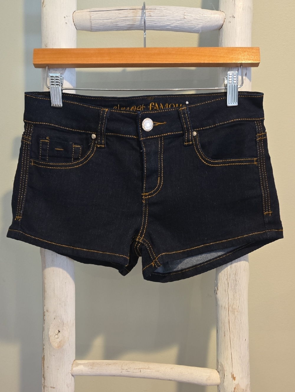 Almost Famous Dark Denim Jean Shorts with Gold Stitching Size 7 Juniors